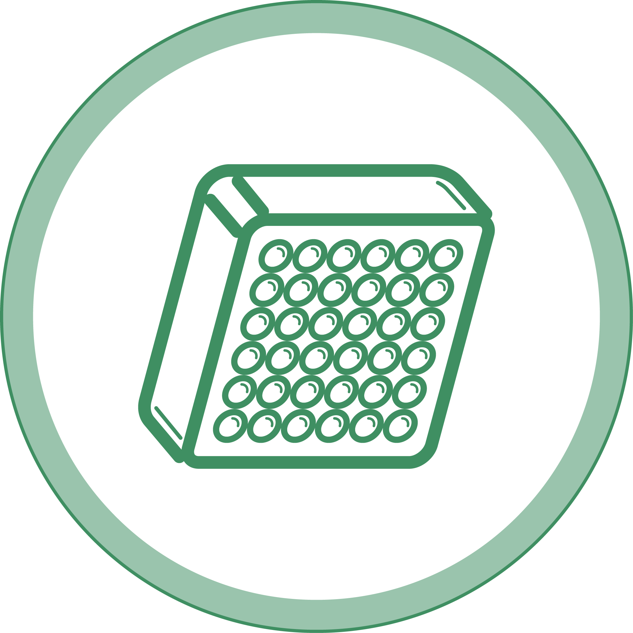 icon graphic of cold-laser device - a squareish box with many small light bulbs - inside a circle with a green border