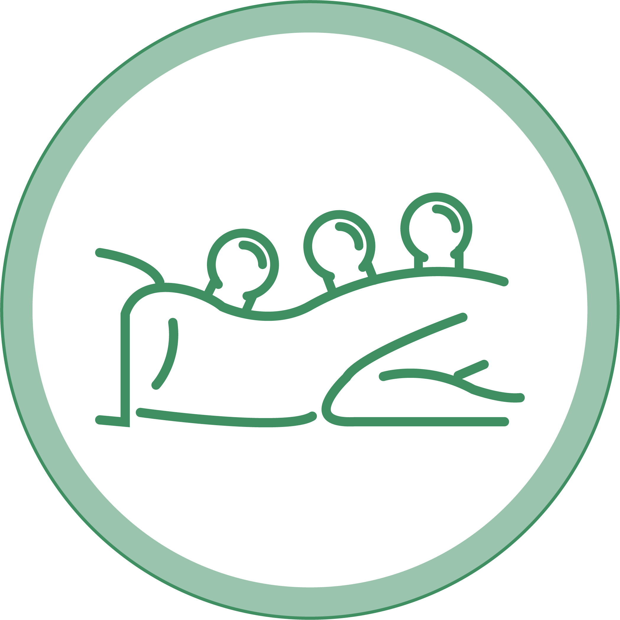 icon graphic of sideview of person with cups applied to their back inside a circle with a green border