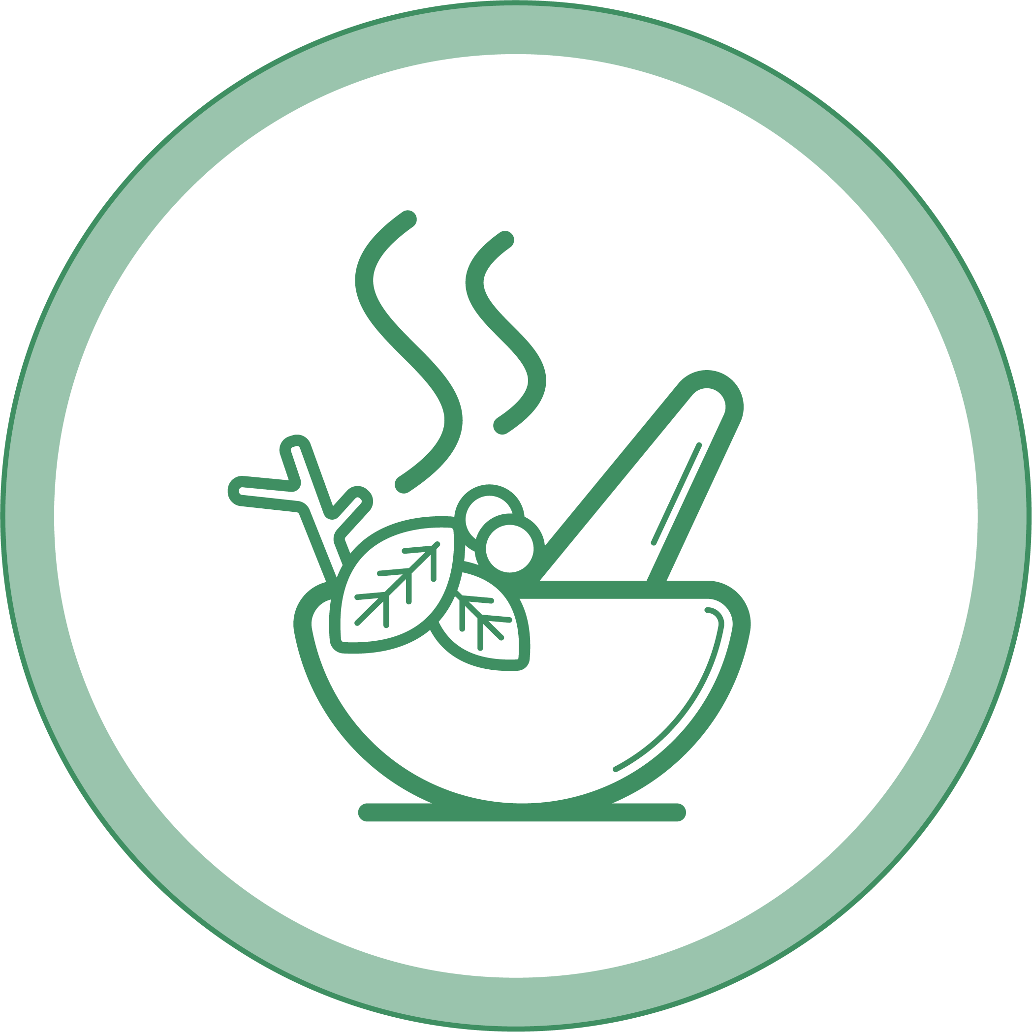 icon graphic of a mortar and pestle with herbs and steam inside a circle with a green border
