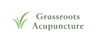 logo with Grassroots Acupuncture in text to the left of a simple graphic of blades of green grass