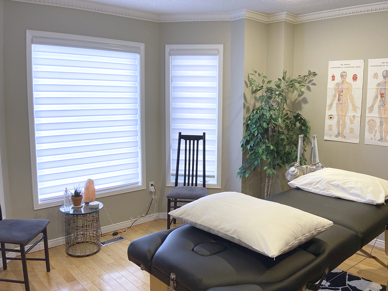 photograph looking across massage table toward large bay windows with translucent white paper blinds and a tall green plant