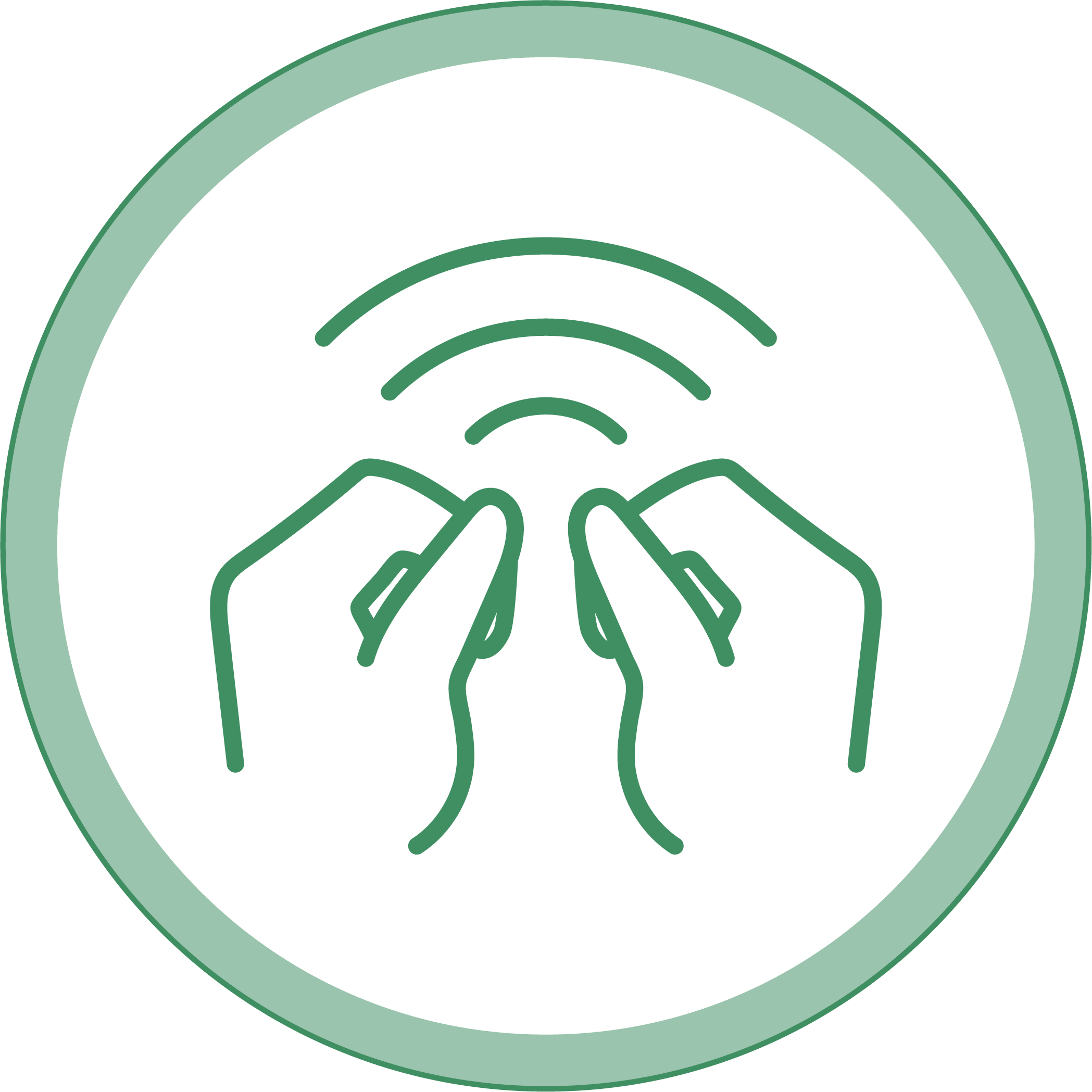 icon graphic of hands in massaging position with pressure waves above inside a circle with a green border